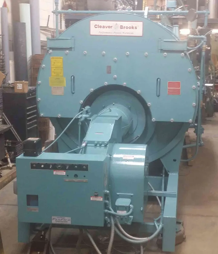 Cleaver-Brooks firetube boiler with its ProFire burner and control panel inside the Richfield shop
