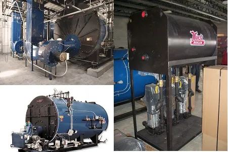 Hurst firetube boilers and a feedwater tank with mounted pumps in commercial boiler rooms