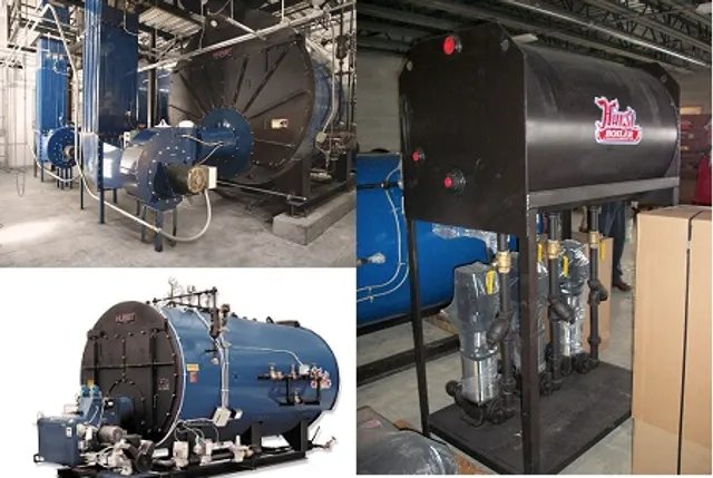 Hurst firetube boilers and a feedwater tank with mounted pumps in commercial boiler rooms